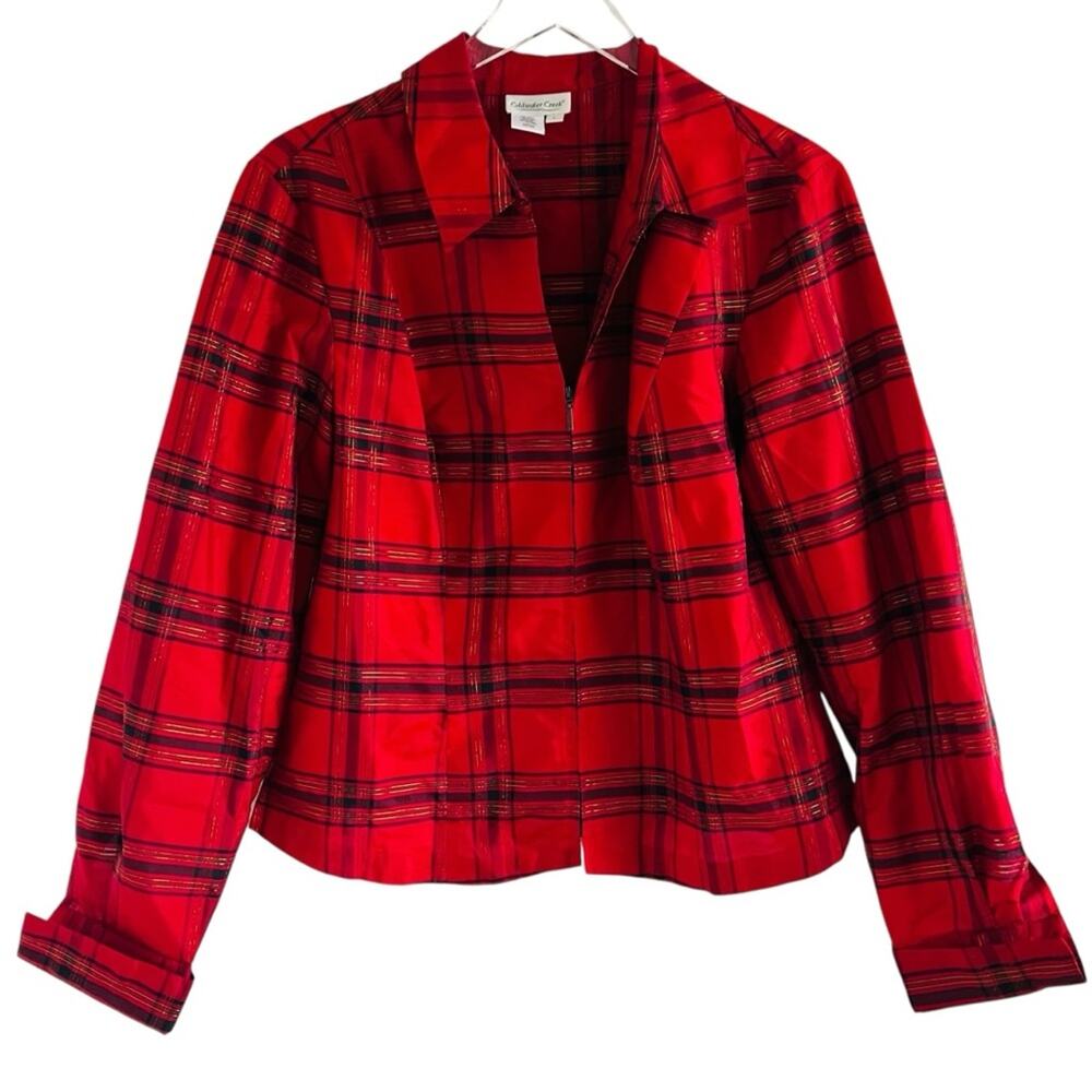Coldwater Creek Red Plaid Women's Long Sleeve Zip Front Jacket Blouse Top Large